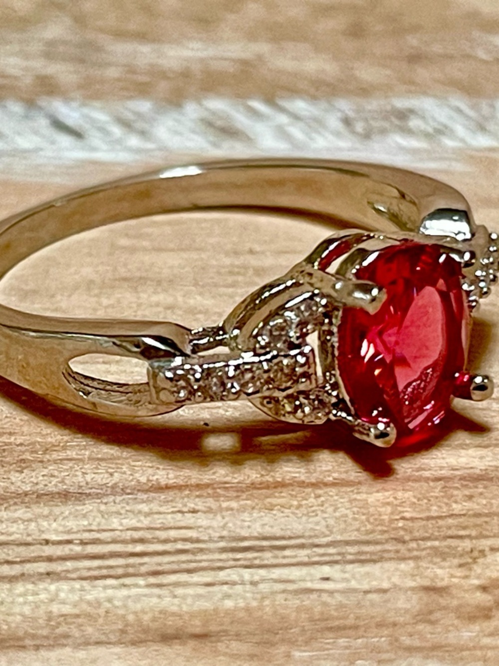 Ruby-tone Red Crystal Gemstone Solitaire Ring w Pavé Accents in Polished Silver